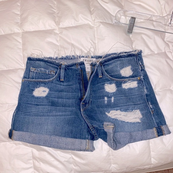 Le Beau Distressed High-Rise Denim Shorts frame - Picture 2 of 5